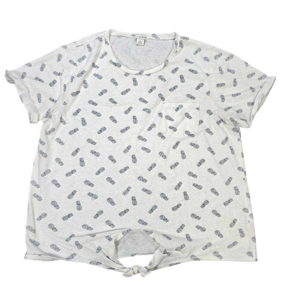 J. By J. Crew Pineapple Print Tie T-Shirt Women's Size XL White Front Pocket
